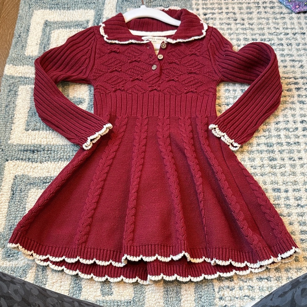 Girls Burgundy Knit Dress with White Trim